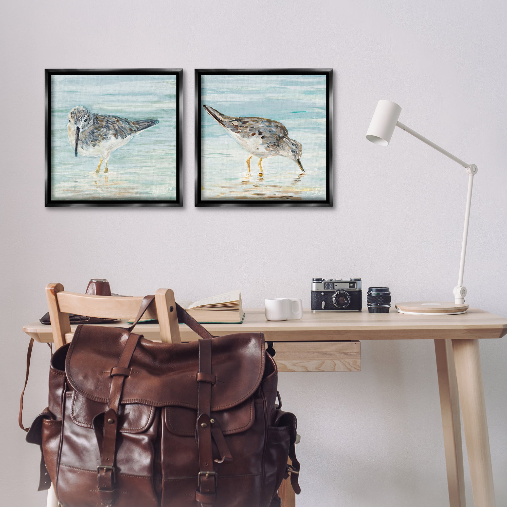 Stupell Industries Piping Plover Shoreline Birds Animals Painting Black Floater Framed Canvas Art Print Wall Art, 18 x 18, Set of 2