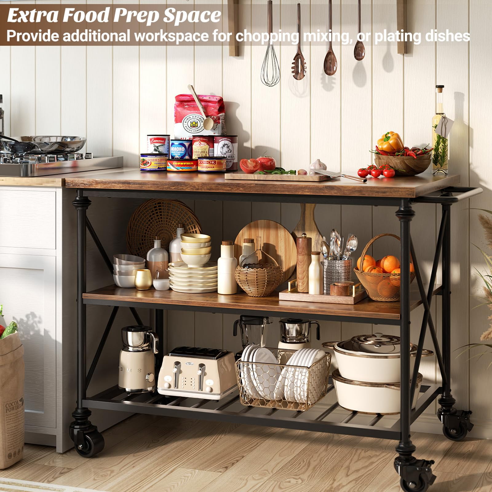 Aheaplus 3-Tier Rolling Kitchen Island with Locking Wheels – Industrial Wood Top Cart for Extra Storage, Mobile Prep Space & Coffee Bar – Easy Assembly,Rustic Brown
