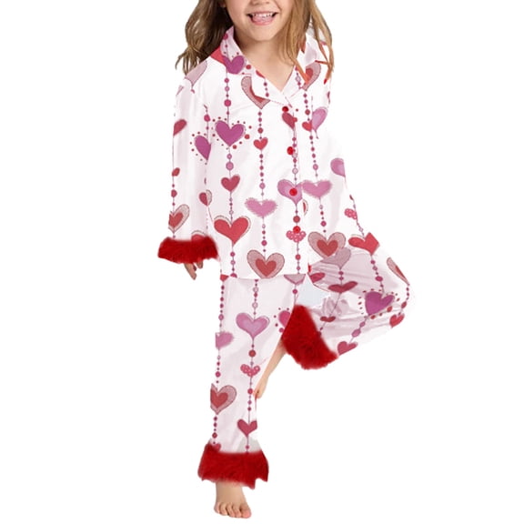 Tisuna Little Toddler Girls 2 Pieces Outfits Set Heart Print Long Sleeve Lapel Neck Pajamas Fashion Stylish Girls Festival Valentine'S Clothing Set Pink Size 10-11 Years