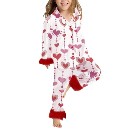 SonxaHe Little Girls Outfits Valentine s Day Heart Print Long Sleeve Shirt Pants with Fur Trim Cozy Satin Silk Sleepwear Outfits Pink Sized 5-6