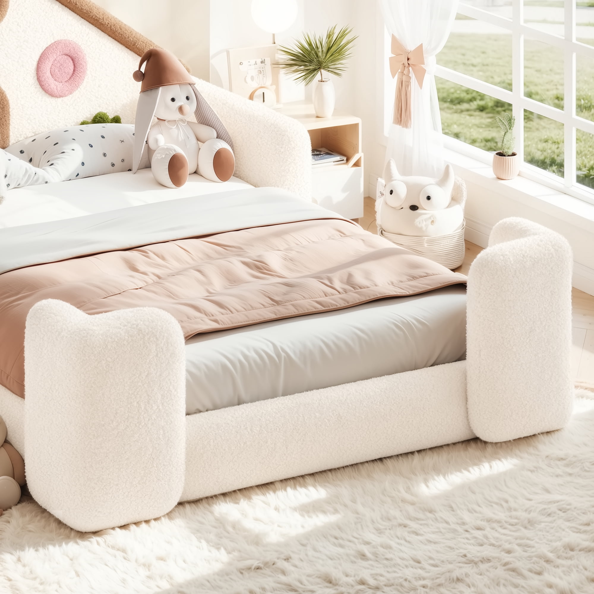 HOQBN Full House Shaped Upholstered Floor Bed, Upholstered Kids Bed with Safety Side Rails, Low Floor Playhouse Bed for Nursery & Kids Bedroom Beige & Natural