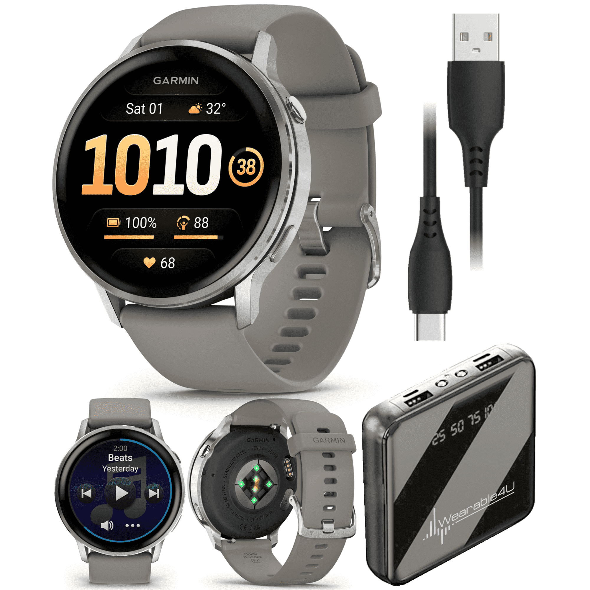 Garmin Venu 4 - 45mm AMOLED Advanced Health & Fitness GPS Smartwatch, Bright & Colorful Display, Flashlight, Up to 12 Days, Silver with Silver Gray Silicone Band w/Wearable4U PowerBank Bundle