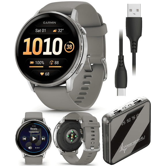 Garmin Venu 4 - 45mm AMOLED Advanced Health & Fitness GPS Smartwatch, Bright & Colorful Display, Flashlight, Up to 12 Days, Silver with Silver Gray Silicone Band w/Wearable4U PowerBank Bundle