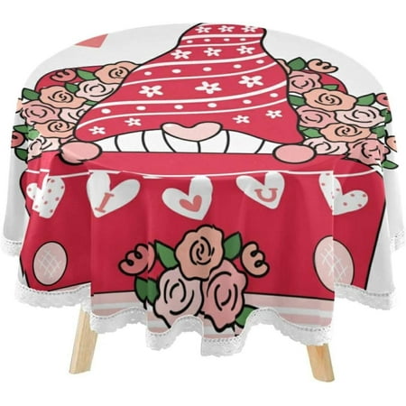 SKYSONIC Valentine Gnome Red Turck Round Tablecloth 60inch with Lace Indoor Wrinkle Free, Flower Cute Love Circular Table Cover Washable Farmhouse Tabletop for Kitchen Dining Decor