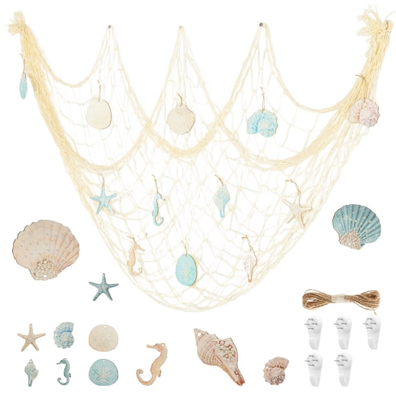13Pcs Nautical Fish Net Wall Decoration 39.4"x59.1" Shells Seahorse Starfish Whelks Decorative Hangings Pirate Party Mediterranean Wedding for Home Beach Themed Party Bedroom Living Room Cafe