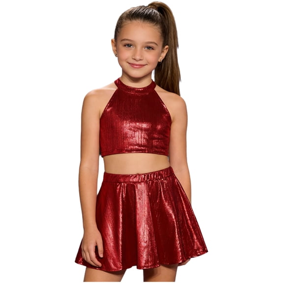 Miutii Girls 2 Piece Dance Outfits Shiny Skirt And Top Set Cheer Outfit for Stage Performance Hip-hop Red 2-6