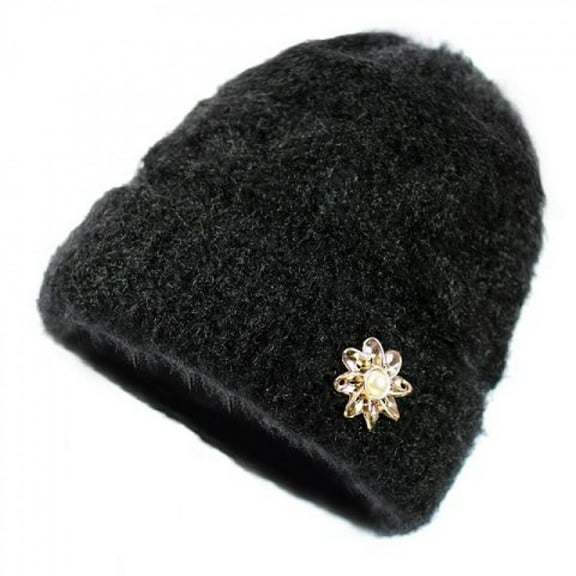 absanyy Women's Acrylic Cable Knit Beanie with Flower Brooch - Black, Free Size, Warm Fuzzy & Machine Washable for Fall Winter