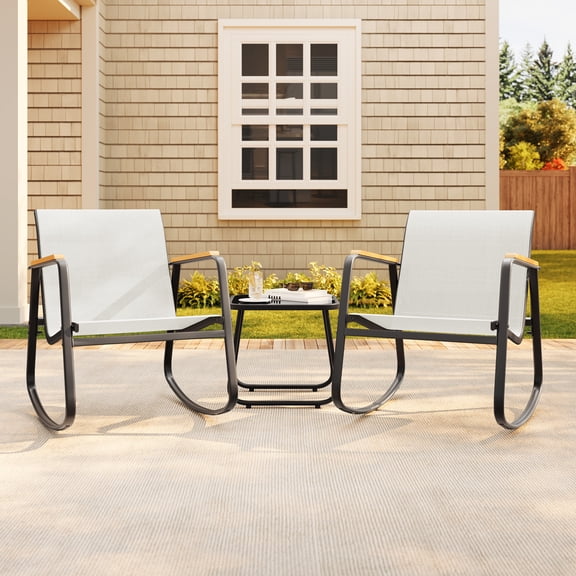 Lofka 3-Piece Patio Furniture Set, Textilene Outdoor Rocking Chairs with Glass Table, All-Weather Bistro Set for Patio, Lawn, Balcony, White