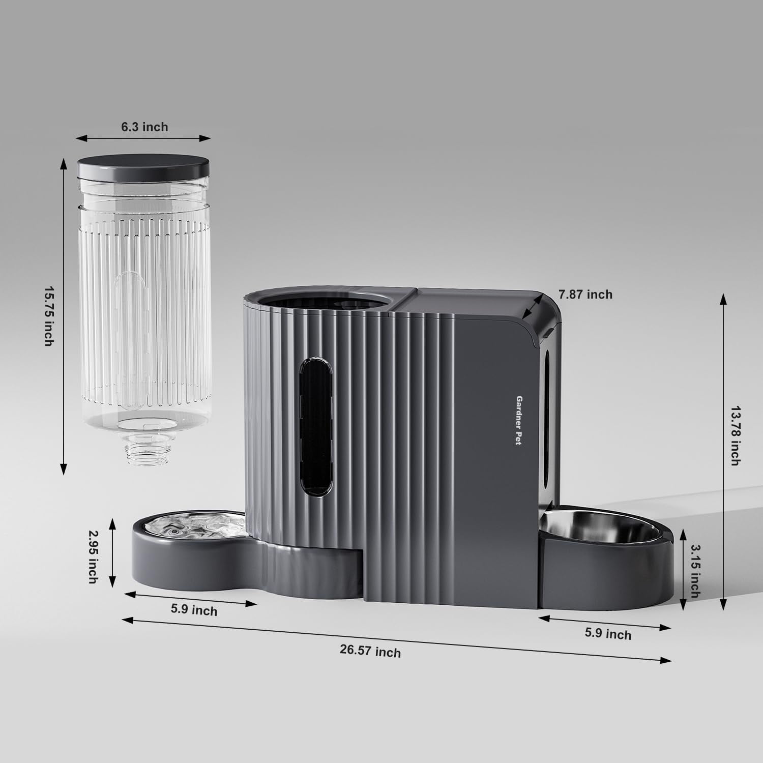 Nomipaw Cat Dog Feeder and Waterer - Automatic Gravity Feeding - Two-in-One - 1.6 Gallon Each Feeder - Dark Gray