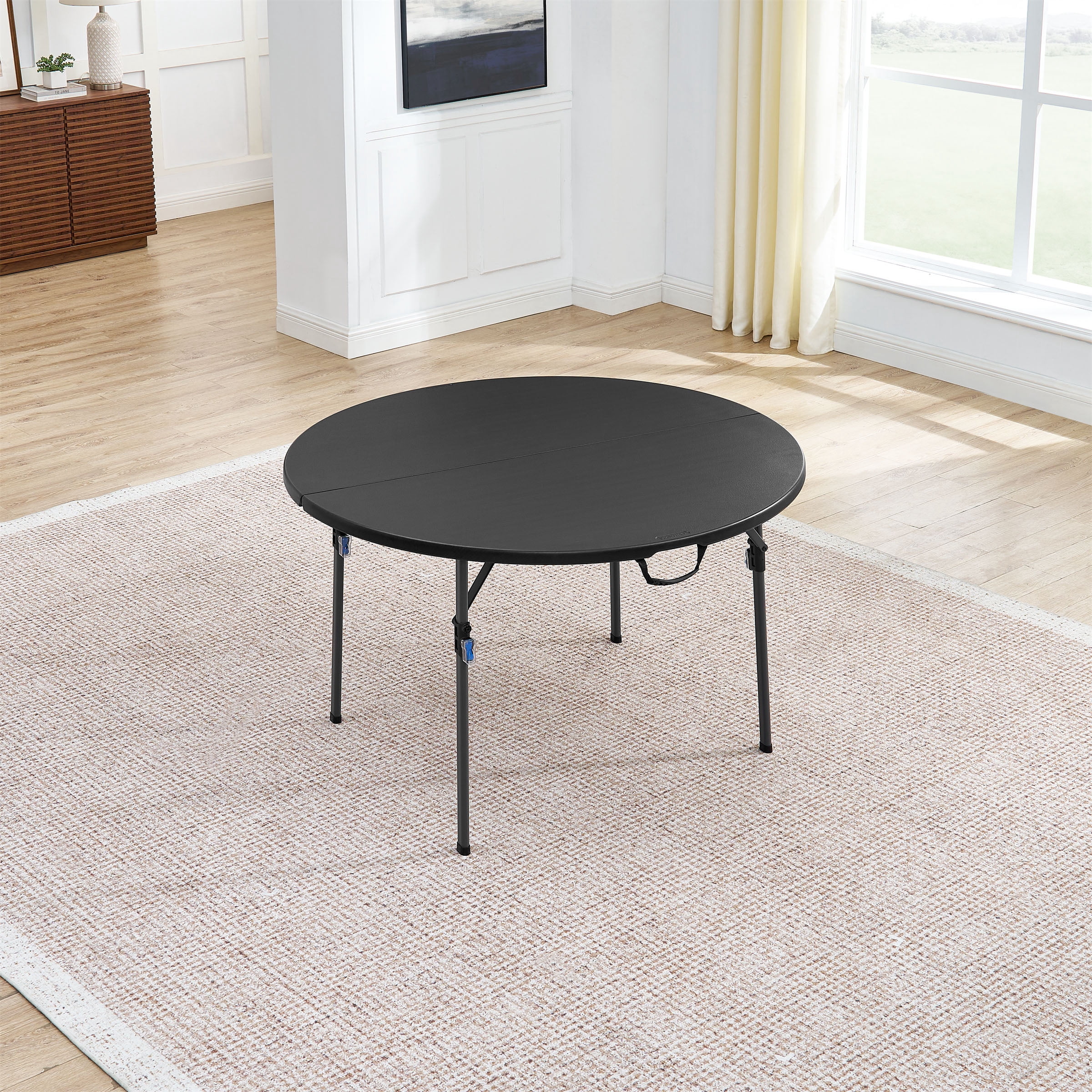 Mainstays 4 Foot Fold-in-Half Round Plastic Table, Indoor Outdoor, Black
