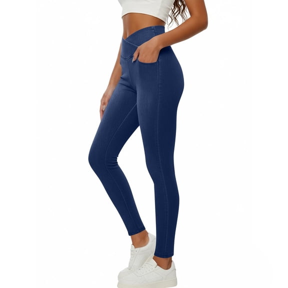 uublik High Rise Straight Leg Pants for Women Stretchy Pants Pull On Jeggings High Waisted Denim Leggings Casual Pants with Pockets, Dark Blue