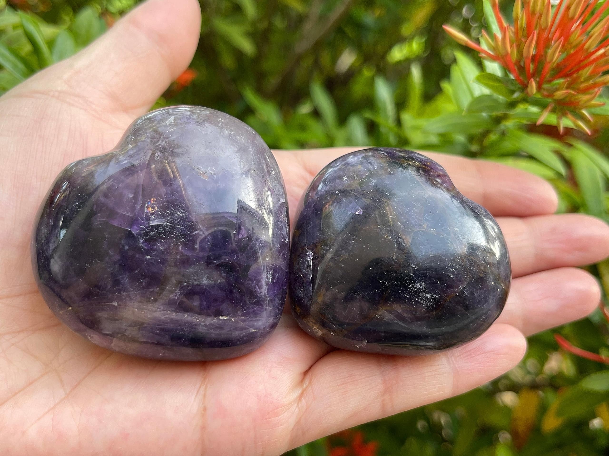 Amethyst Gemstone Hearts, Polished Amethyst Puffy Hearts, Amethyst Palm Stone, Amethyst Heart (2 Hearts）