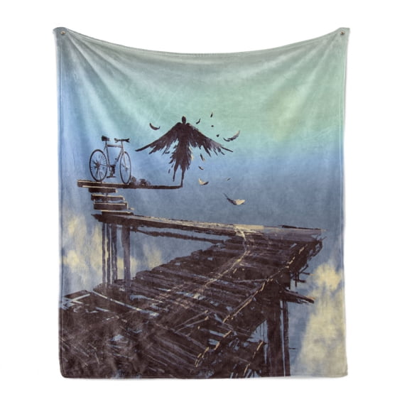 Fantasy World Soft Flannel Fleece Blanket, Surreal Art Print Bird Man with Eagle Wings Fly over the Clouds Bike Illustration, Cozy Plush for Indoor and Outdoor Use, 50" x 60", Brown, by Ambesonne