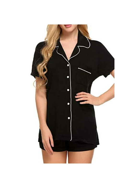 Anjue Women's Button Down Pajama Set - Short Sleeve Top & Shorts, Bamboo Viscose (Grey, Small)