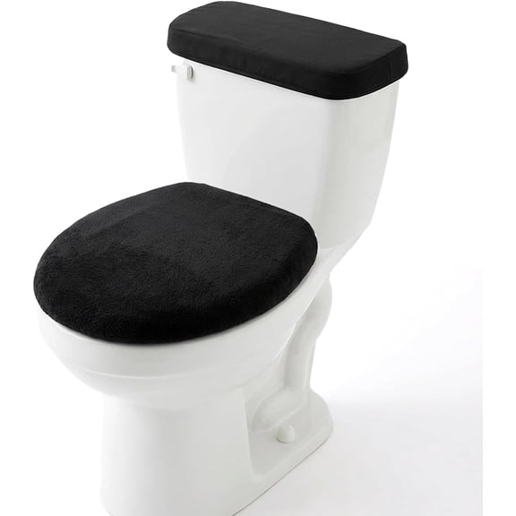 Toilet Lid Cover and Toilet Tank Lid Cover, Soft Velvet Toilets Covers with Elastic Bottom Bathroom Toilets Lids Seat Covers Set Replacement Machine Wash Replacement Fits Most Lids (Black)