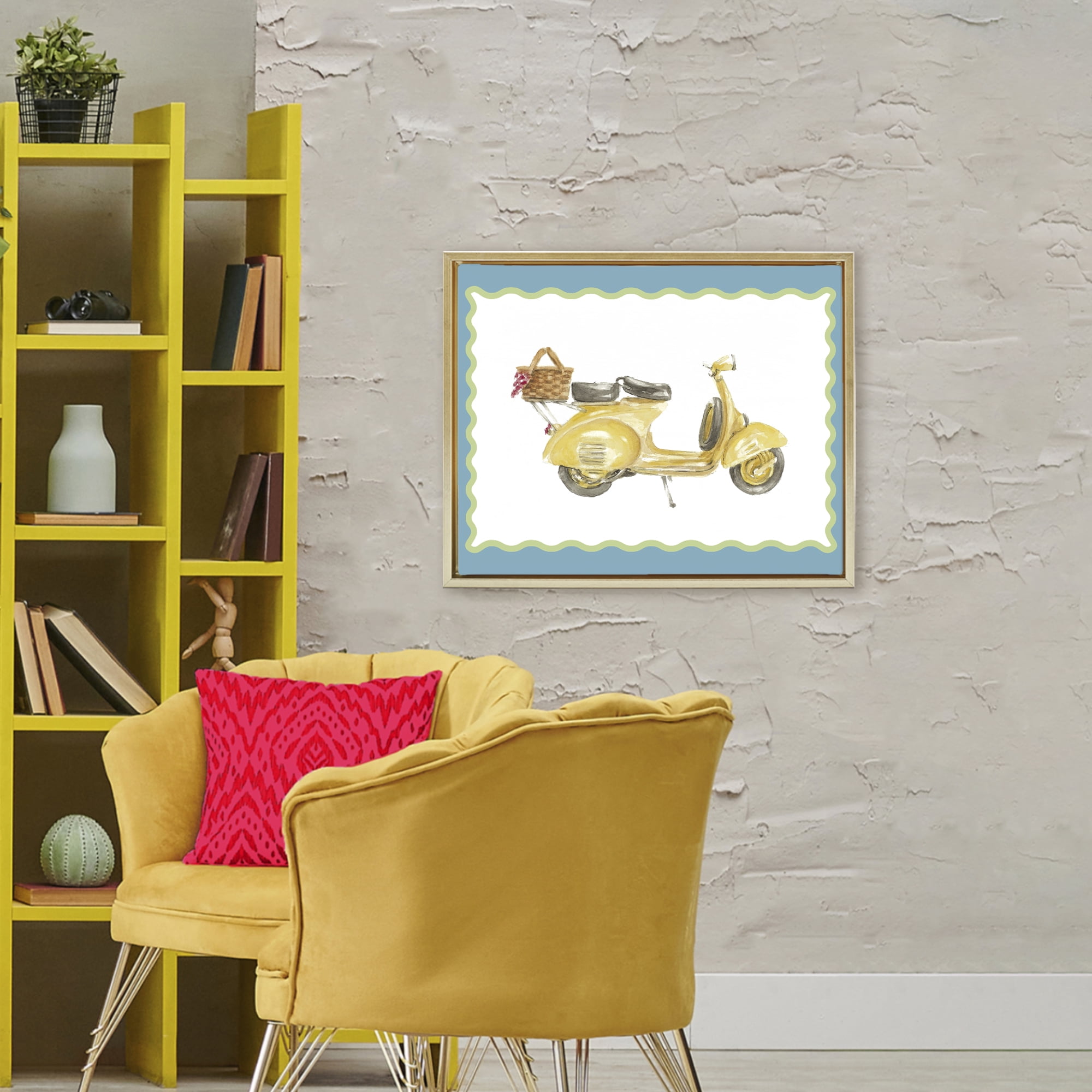 Stupell Industries Yellow Vespa with Wavy Border Gold Framed Floater Canvas Wall Art, design by Lanie Loreth