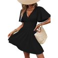 thumbnail image 3 of Women'S Ruched V Neck High Waist Casual Short Sleeve A-Line Dress Black XXL, 3 of 9