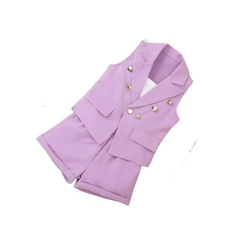

Casual Plain Lapel Neck Sleeveless Lilac Purple Toddler Girls Two-piece Outfits (Girl s)