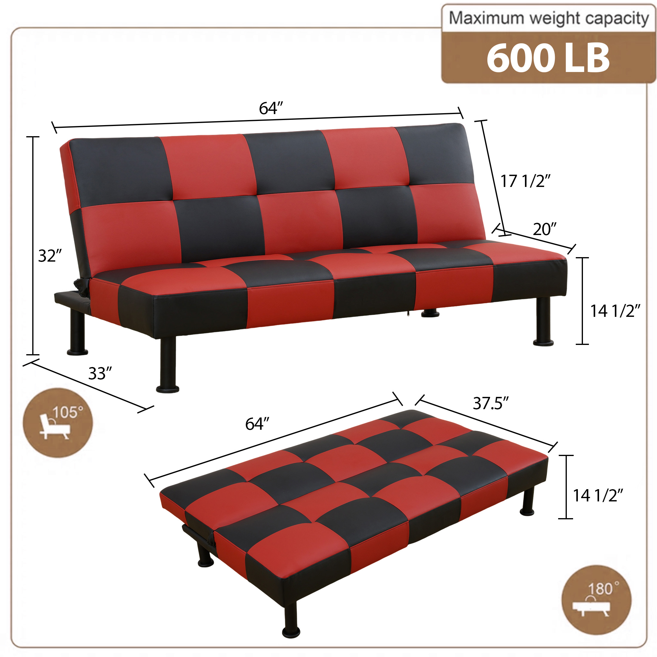 Aukfa Modern Futon Convertible Sofa Bed, Black & Red photo 4