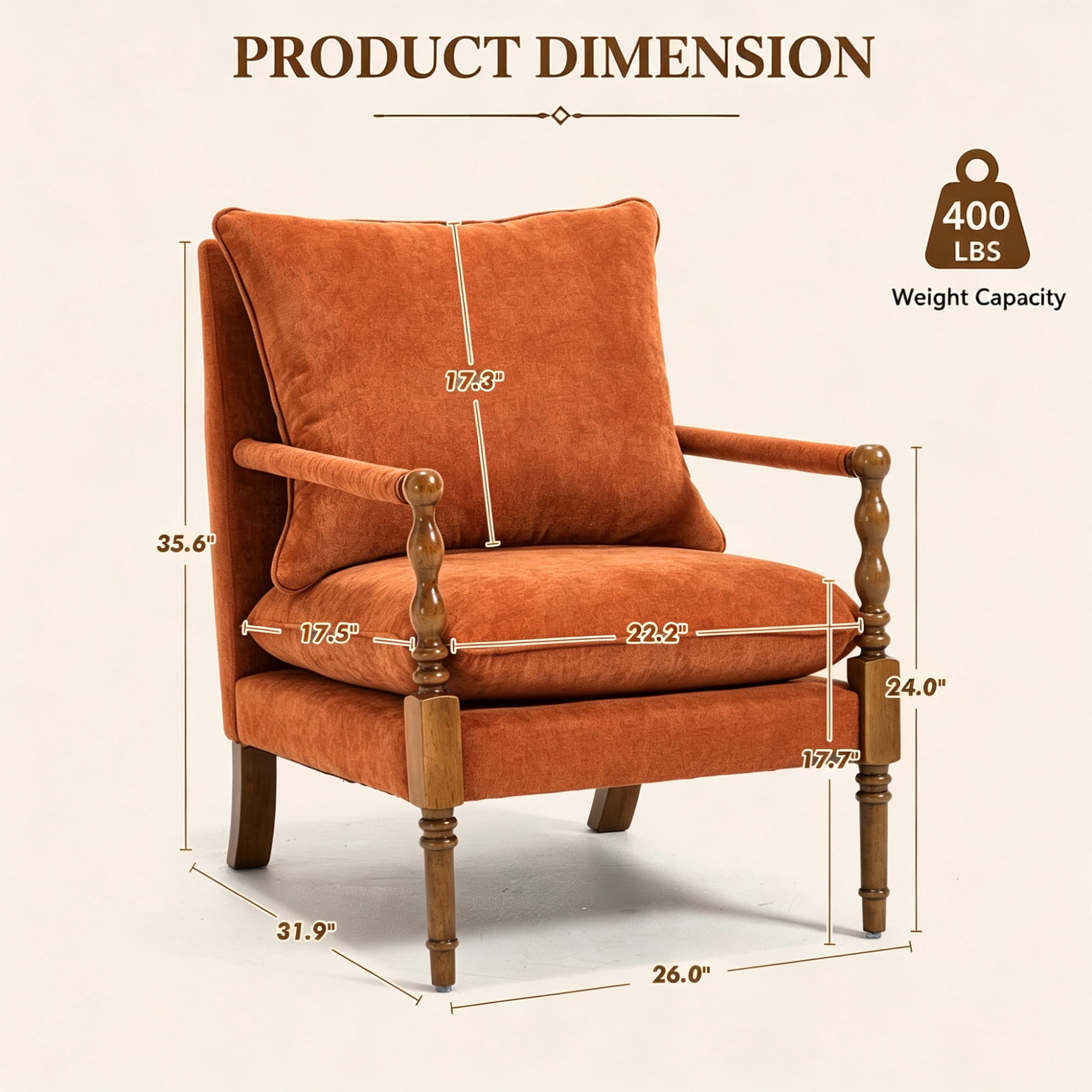 Mid-Century Modern Spindle Armchair,Linen Accent Chair with Cushion & Wood Frame for Living Room Bedroom Office,Orange