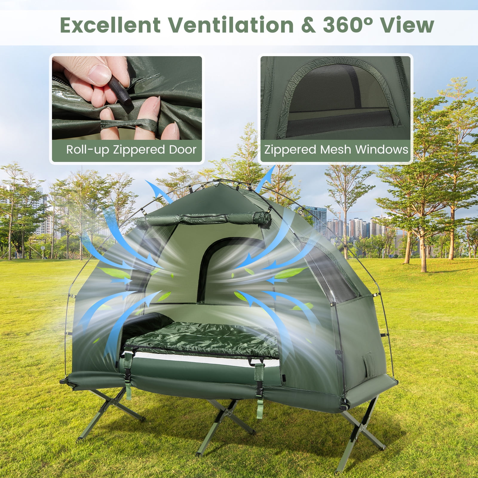 Goplus 1-Person Waterproof Camping Tent Cot with Air Mattress, Pillow, Sleeping Bag