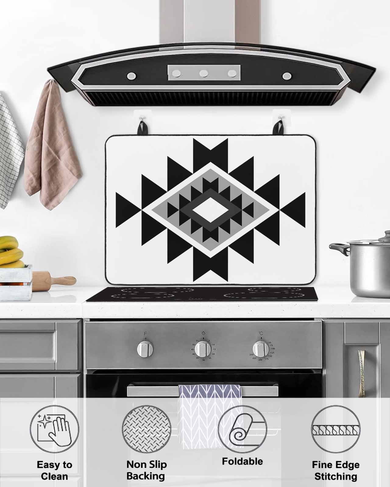 nqOlkjepod Large Induction Cooktop Protector Mat 24"x21", Black Gray Boho Stove Top Covers for Electric Stove, Modern Abstract Geometric Lattice Stove Burner Cover Mats, Glass Top Stove Cover