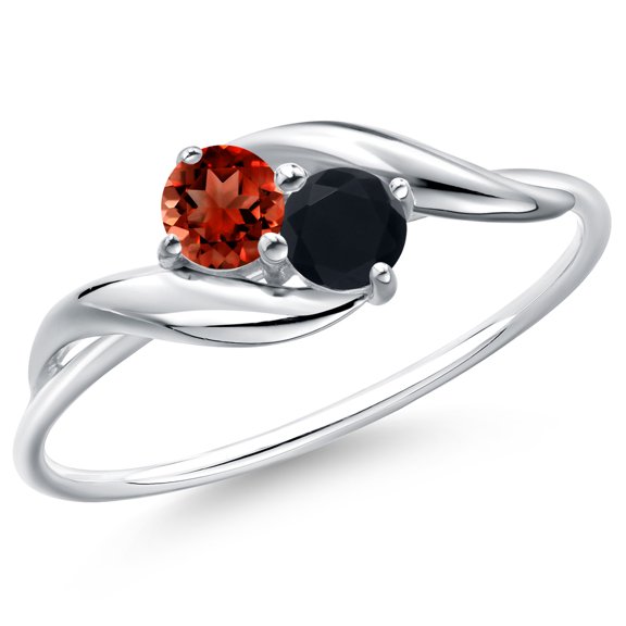 Gem Stone King 10K White Gold Round Red Garnet and Black Onyx Ring for Women (0.33 Cttw, Round 3.5MM, Gemstone January Birthstone, Size 5)