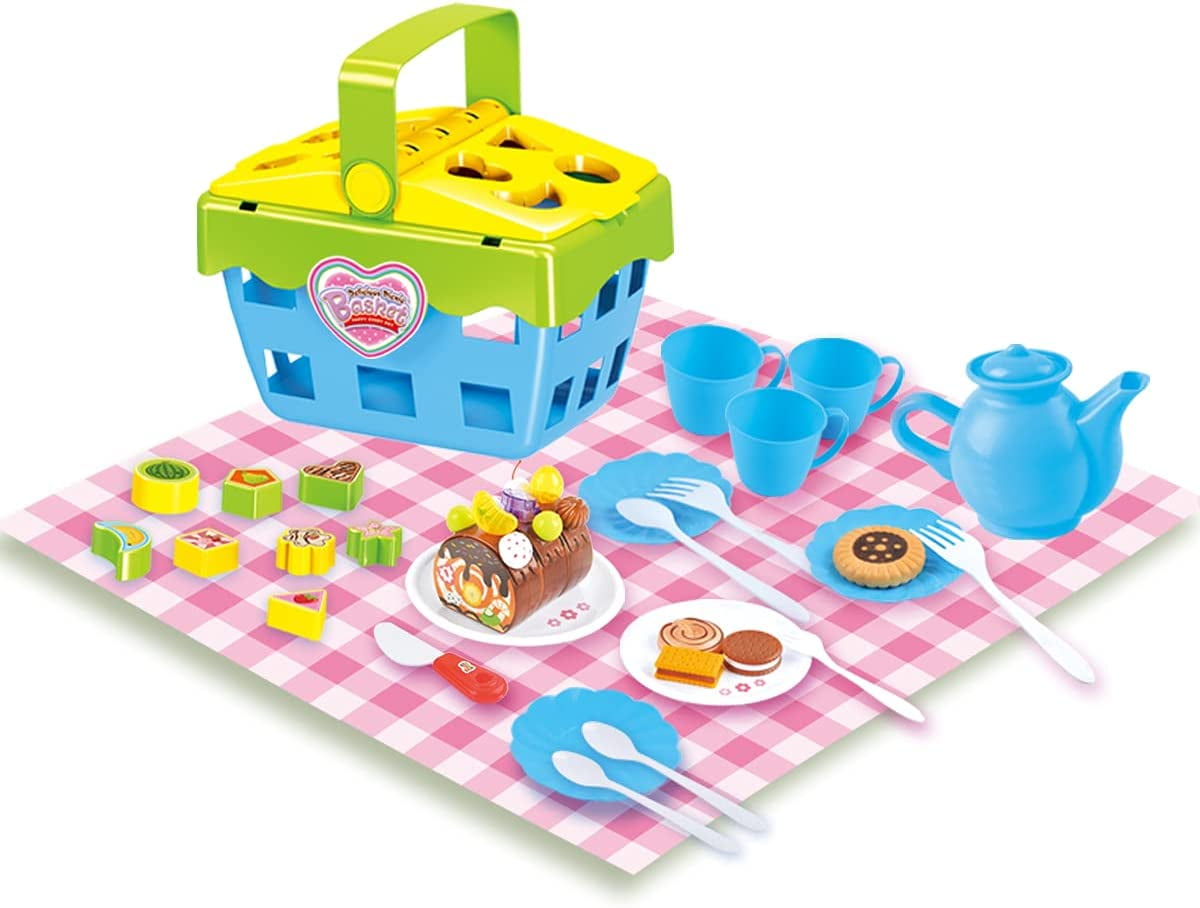2CJOY Toy Tea Sets Picnic Basket for Girls Indoor Outdoor Shape