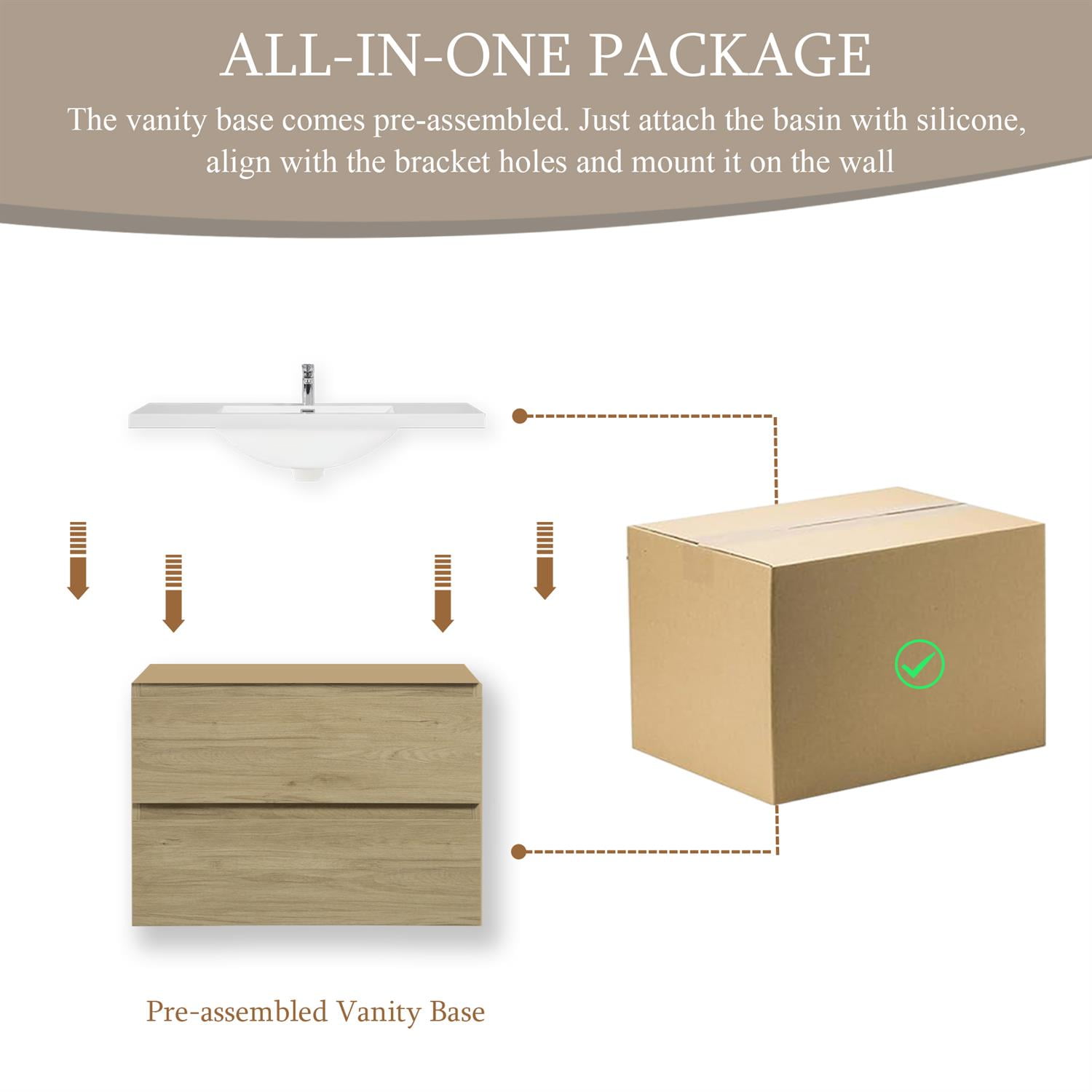 Demi Bonn 30" Floating Bathroom Vanity with Sink, Resin Top Basin and 2 Soft Close Drawers, Faucets and Drains Not Included, Brown