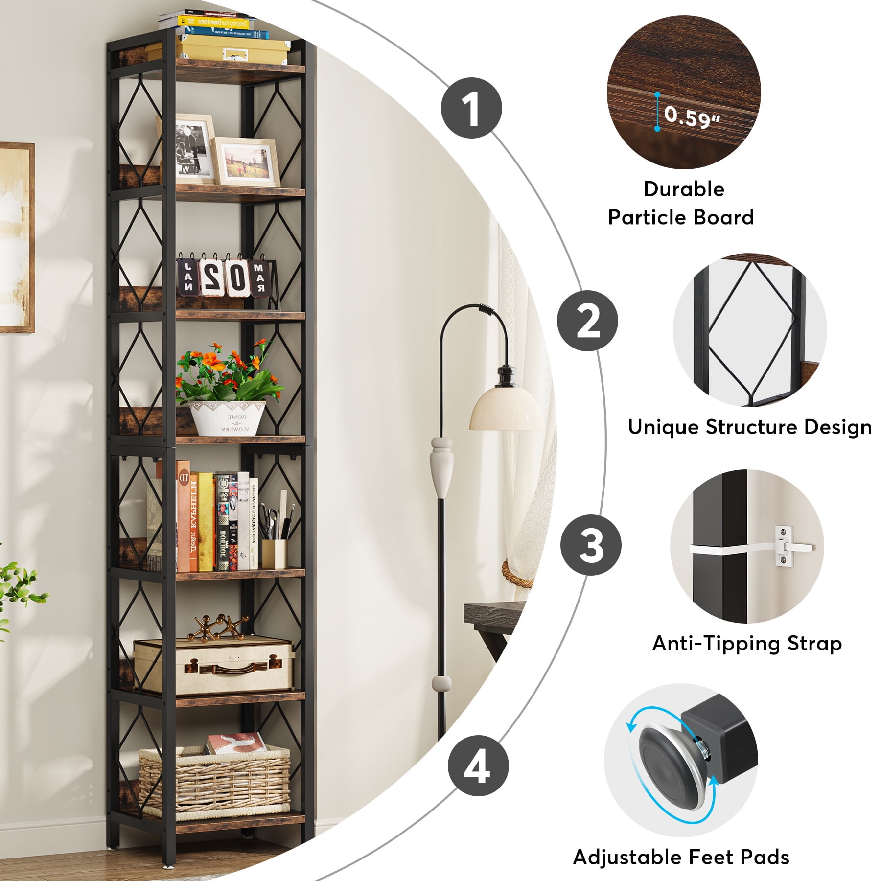 Fnova 78.7" 7-Tier Tall Storage Shelf, Narrow Metal Wood Bookshelf for Small Spaces, Office, Library, Living Room