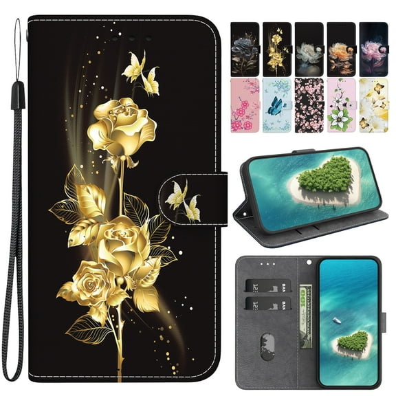 Dteck for iPhone 13 Pro Max Case Wallet with Card Holder and Wrist Strap Fashionable Cute Designs Flip Phone Cover for iPhone 13 Pro Max,Gold Rose