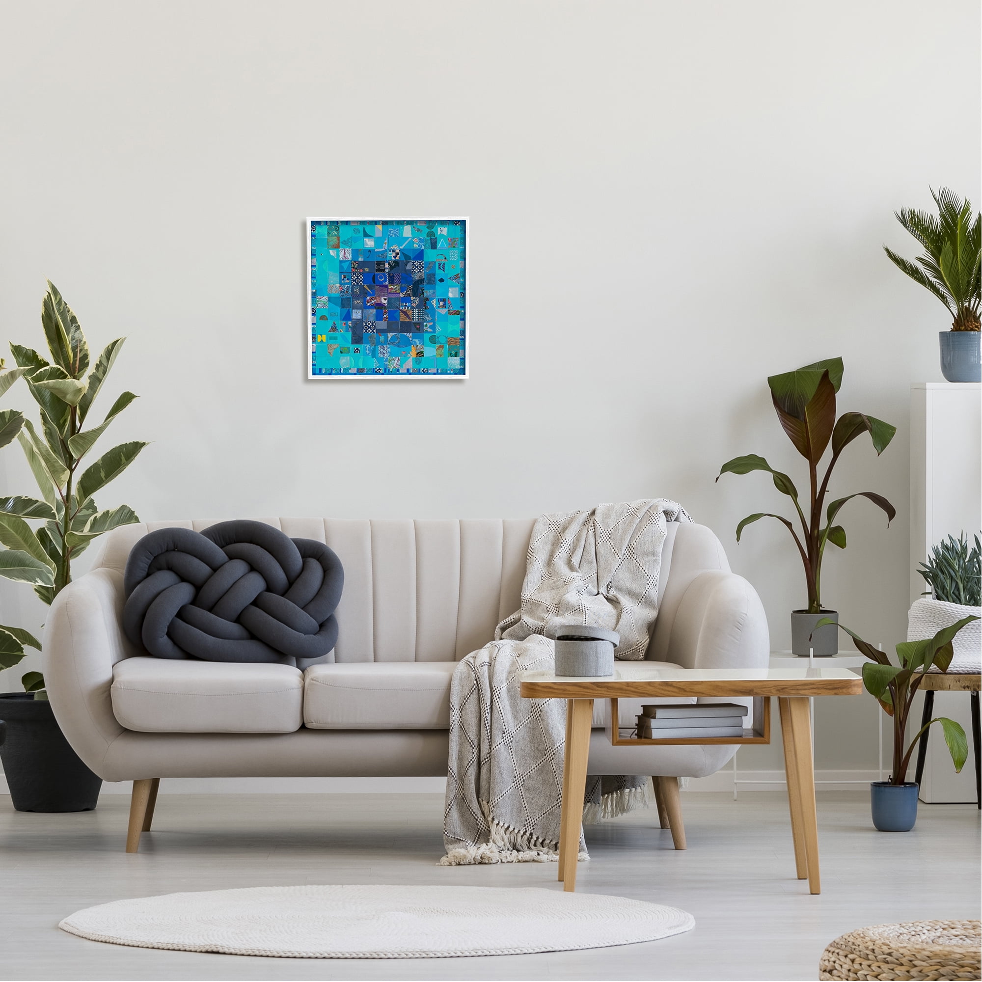 Stupell Industries Blue Geometric Collage Abstract Painting White Framed Art Print Wall Art, 17 x 17