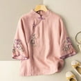 thumbnail image 2 of Camisa vintage de lino con cuello mao y bordados para mujer tallas grandes - Manga 3/4 holgada, material de poliéster, tallas M-XXXXL, prenda para primavera/verano, 2 of 3