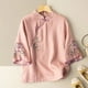 thumbnail image 2 of Camisa vintage de lino con cuello mao y bordados para mujer tallas grandes - Manga 3/4 holgada, material de poliéster, tallas M-XXXXL, prenda para primavera/verano, 2 of 3