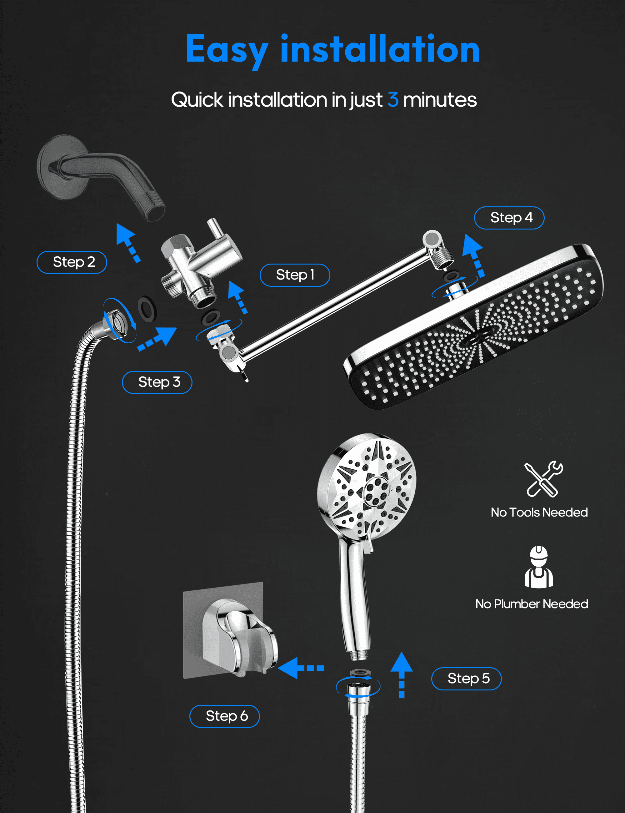 YAHHU 12 inch High Rainfall Showerhead and 10 Settings Pressure Handheld Shower Combo, Stainless Steel Dual Shower Head Set for Bathing