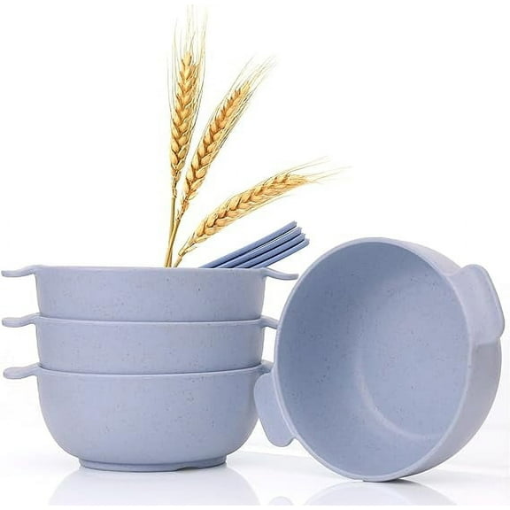 Wheat Straw Bowls with Handles, Wheat Fiber Set of 4 Lightweight Plates & 4 Spoons, Reusable, Microwave & Dishwasher Safe Wheat Straw Dinnerware, Wheat Cereal Bowl for Breakfast - Blue