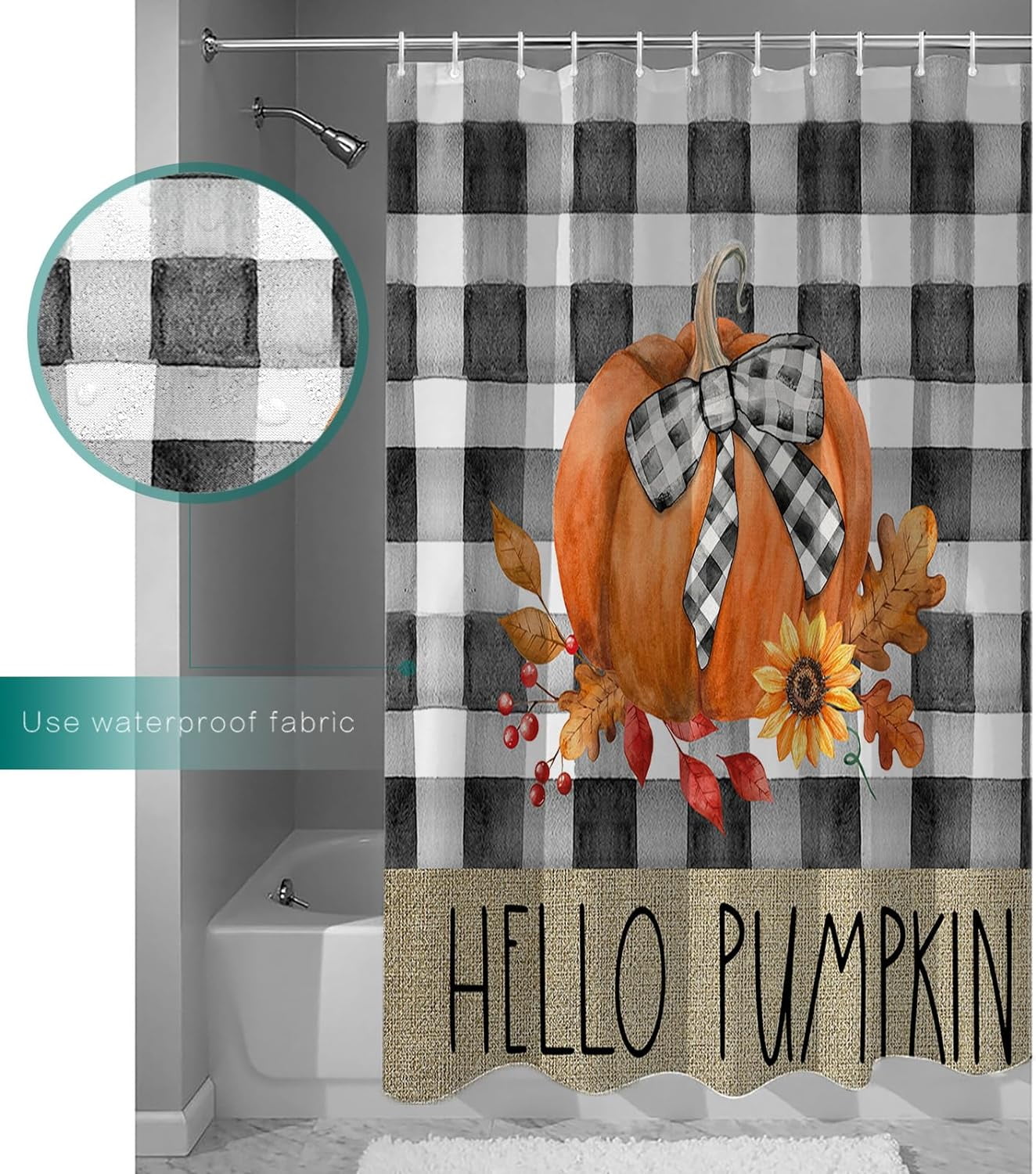 Fall Shower Curtain Hello Pumpkin Shower Curtains for Bathroom Autumn Leaf Sunflower Buffalo Plaid Bath Curtains Sets for Autumn Thanksgiving Seasonal Bathroom Decor Fabric Waterproof 72 x 72 in