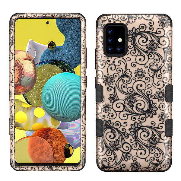 Samsung Galaxy A51 5G Phone Case Hybrid Armor [Military Grade] Dual Layer Rugged Rubber TPU Shockproof Defender Protective Cover 2D Lace Flowers Damask Floral Rose Gold for Samsung Galaxy A51 (5G)