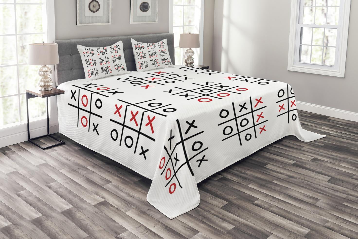 Xo Bedspread Set, Doodle Style Tic Tac Toe Game Set Table with X and O