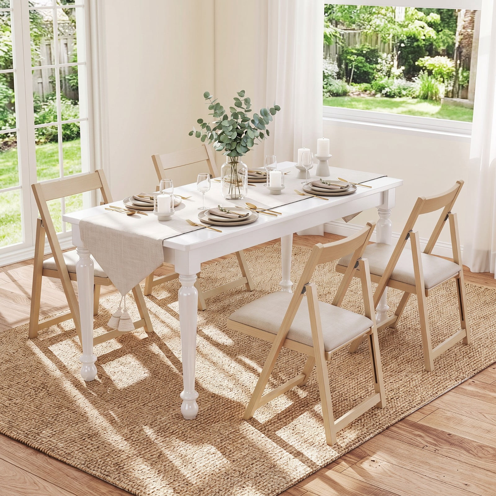 Furnibear Folding Upholstered Dining Chair Set of 4 with Curved Backrest for Kitchen Dining Room Living Room Home, Beige