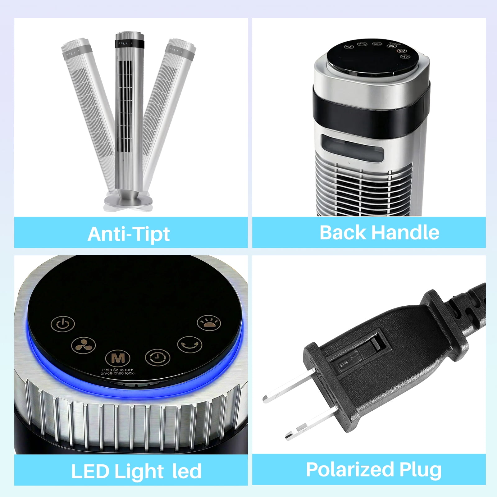 Tower Fan for Home, 64° swivel Standing Floor Fan with Remote, Bladeless Fan Cold Air Quiet, 5 Speeds, 4 Modes, LED Display, Gray