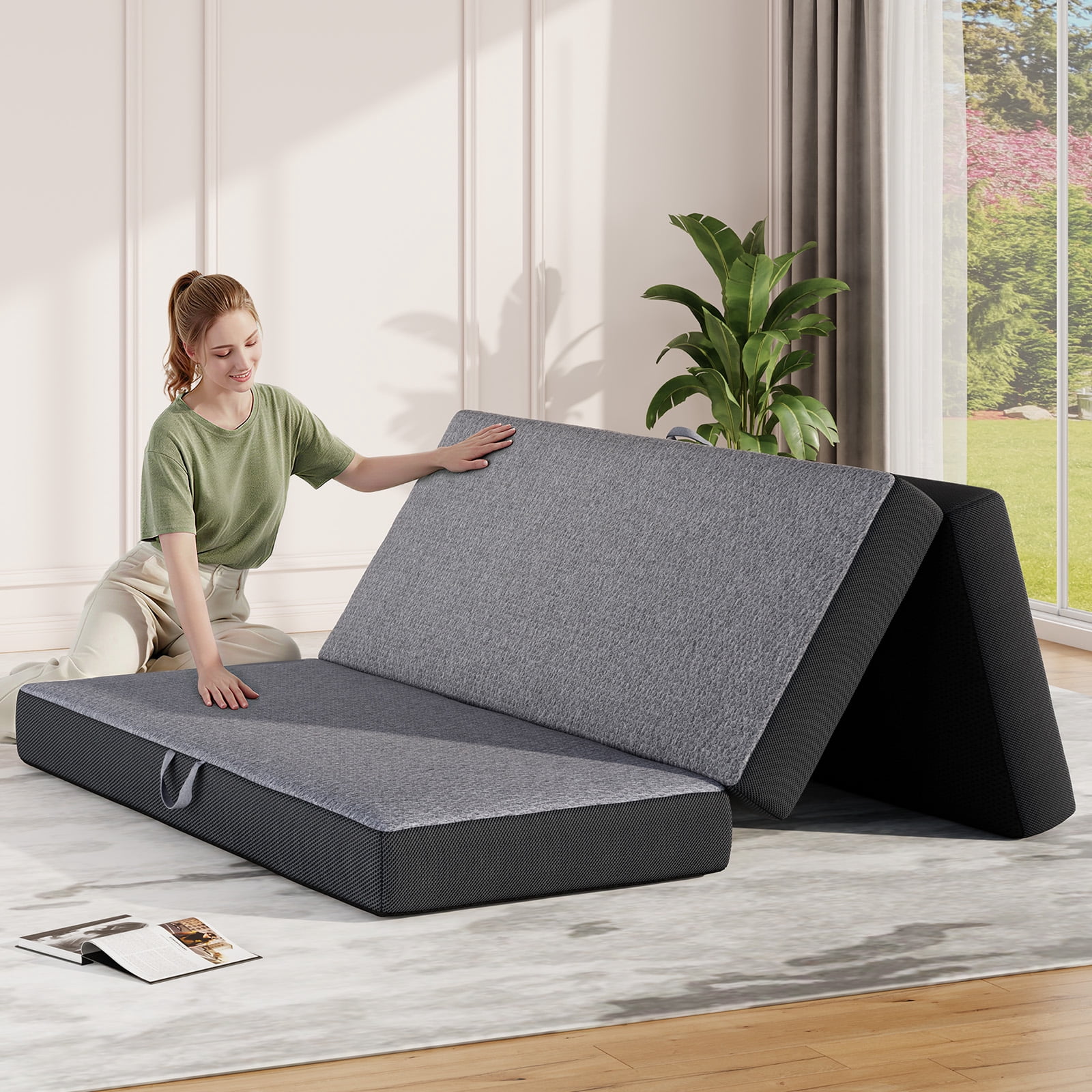 Cozylore 6 inch Tri Folding Mattress Queen Size Foldable Mattress Memory Foam Mat with Washable Cover and Non-Slip Bottom Portable Floor Bed for Travel, Camping, Guest, 78" x 58" x 6"