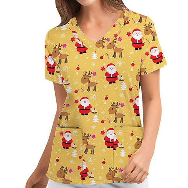 EGNMCR Hauts de Soins Infirmiers pour Femmes, Uniforme de Travail Imprimé de Noël, Manches Courtes, Col en V, Blouse de Travail avec Poches, Costumes de Noël