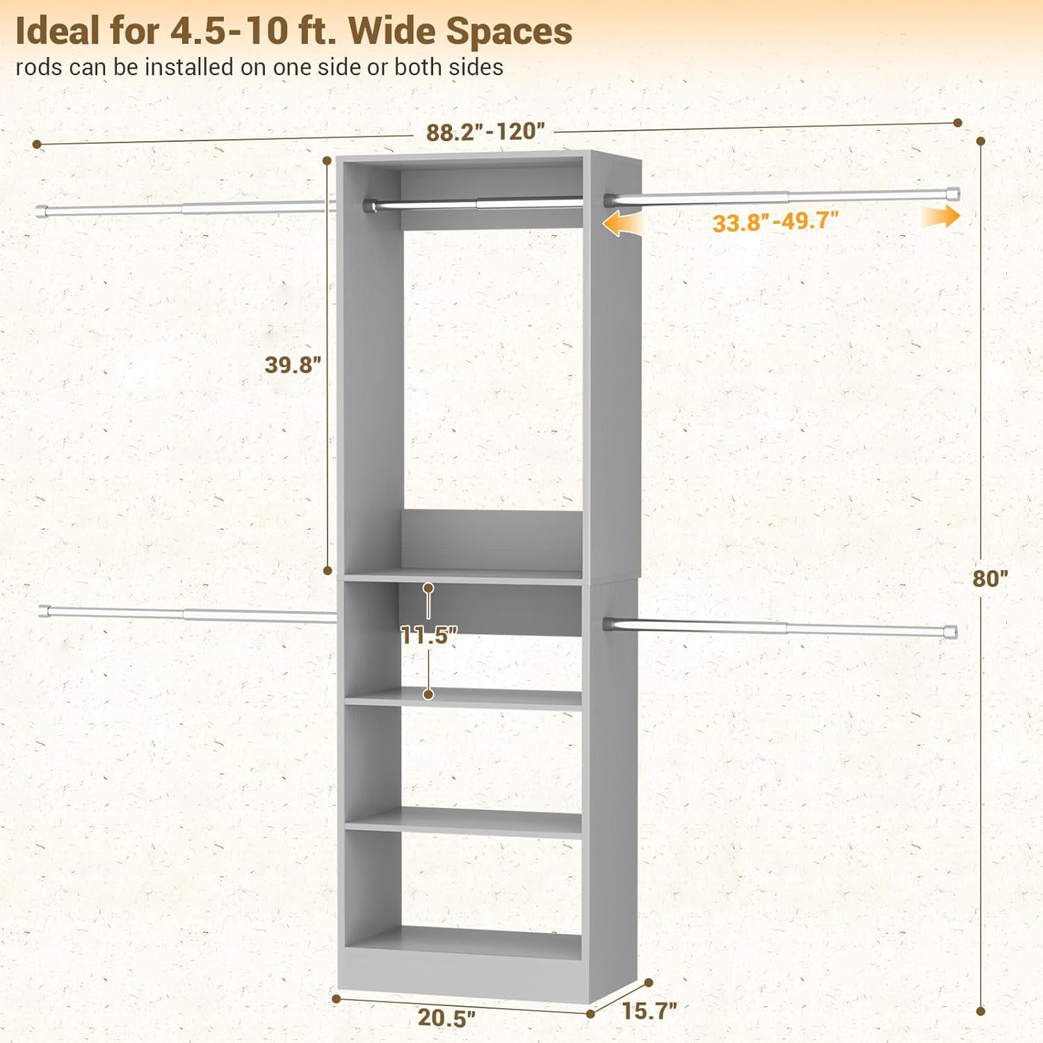 Homieasy 20.5 - 120'' W Closet System with Hanging Rods(Cut to Fit), Gray
