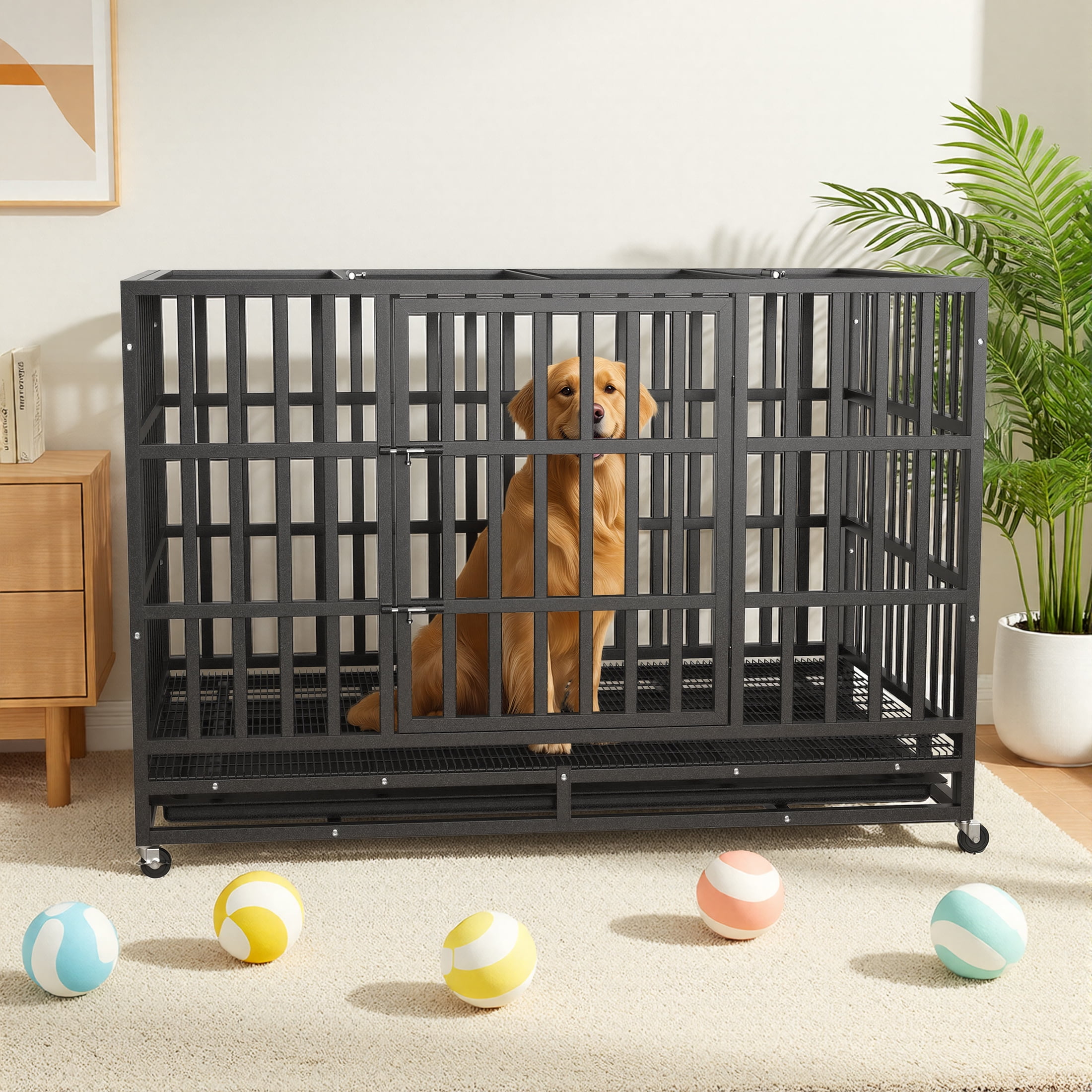 Ironovahome 48" Heavy Duty Dog Crate for Large Dogs, Indestructible Chew-Proof Escape-Proof Steel Dog Cage, XL Large Dog Kennel with Locking Wheels & Removable Tray for Indoor Use