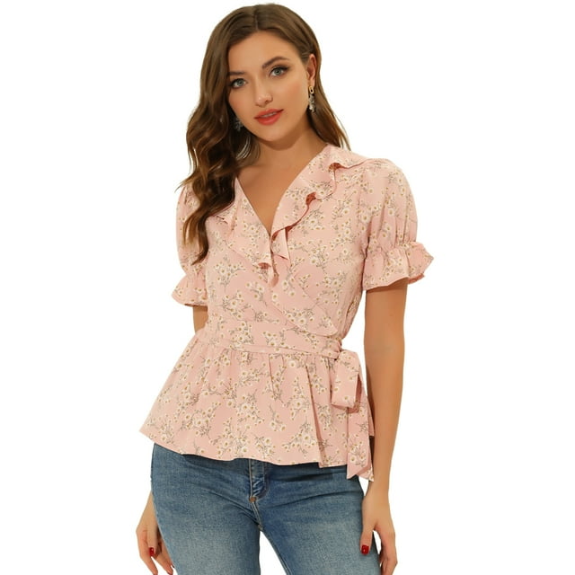 INSPIRE CHIC Women's Sweet Fruit Crossover V Neck Short Sleeves Ruffle Wrap Blouse Light Pink L
