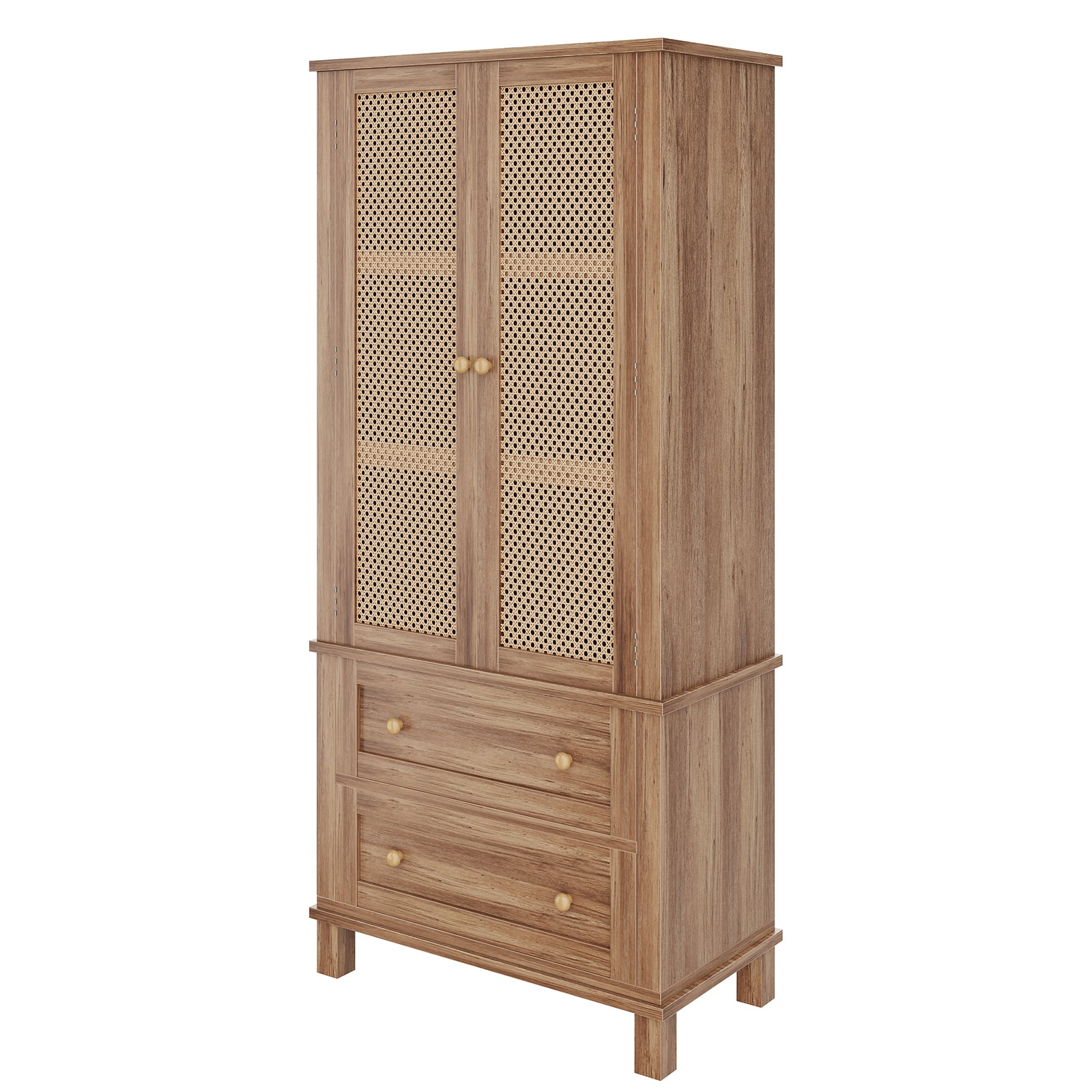 Maritcute Kitchen Pantry Cabinet with Rattan Doors, 2 Drawers, Adjustable Shelves, Suitable for Kitchen and Dining Room, Walnut Finish