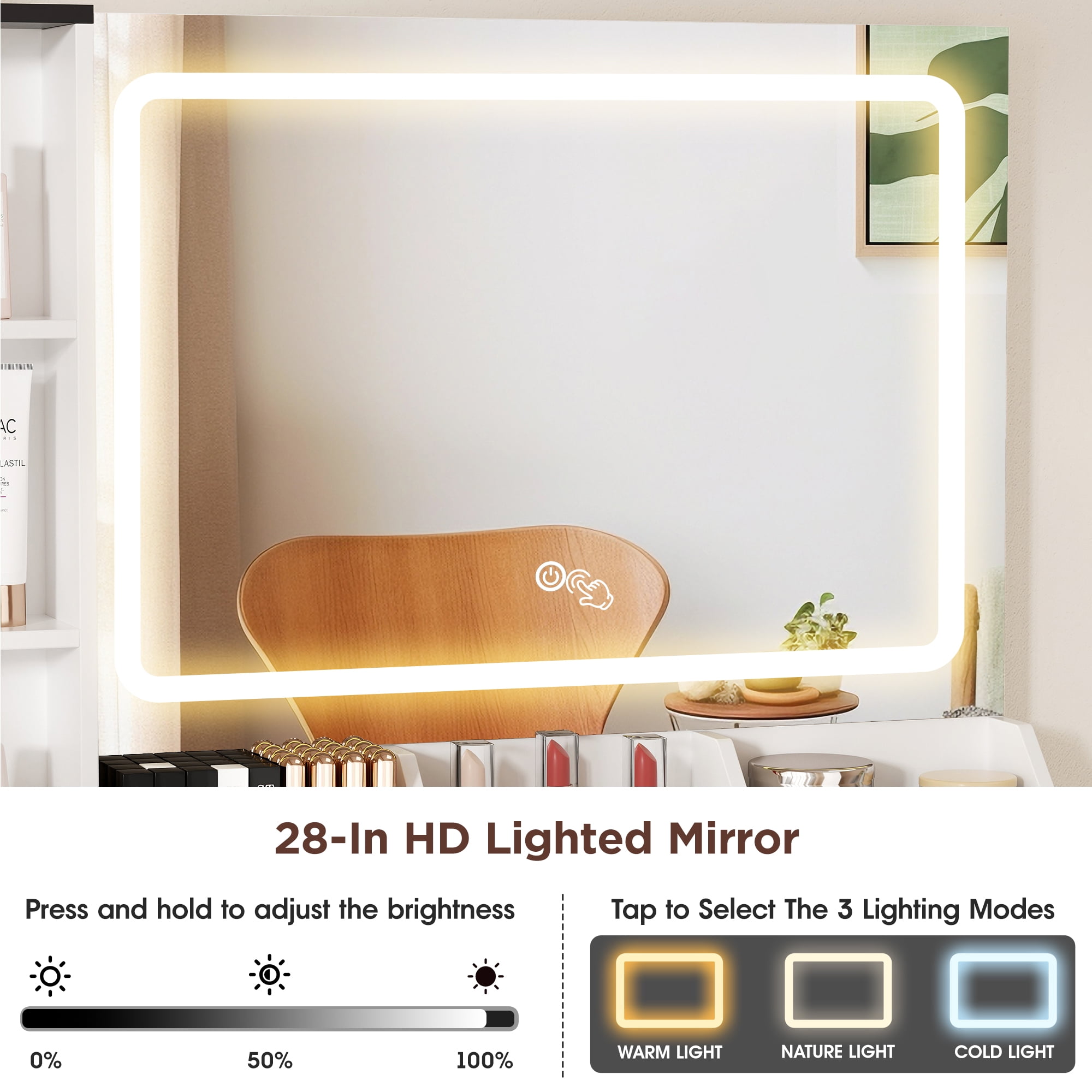 Vabches Vanity Set with Mirror and Lights, Modern Makeup Table with Storage Shelves & Drawers for Bedroom, White