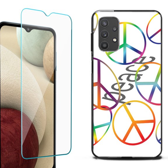 Slim-Fit Flexible TPU Gel Phone Case (black) for Samsung Galaxy A32 5G, with Tempered Glass Screen Protector, by OneToughShield ® - Colorful Peace