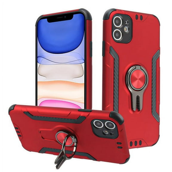 Apple iPhone 11 (6.1 inch) Phone Case Hybrid Armor Rugged Heavy Duty Rubber TPU with Car Air Vent Grip Mount Kickstand Rotation Magnetic Finger Ring Stand Bracket [RED] Cover for Apple iPhone 11
